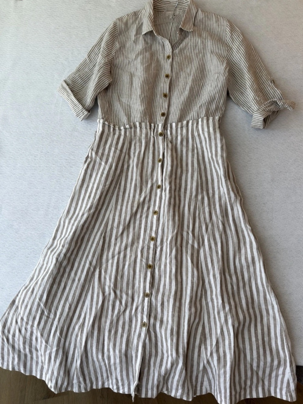 J. Jill Striped Button-Front Linen Shirt Dress in Beige and White